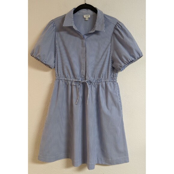 Women's J. Crew Factory Collared Mini Dress Blue Pin Striped Cotton SZ 10 - Picture 2 of 15